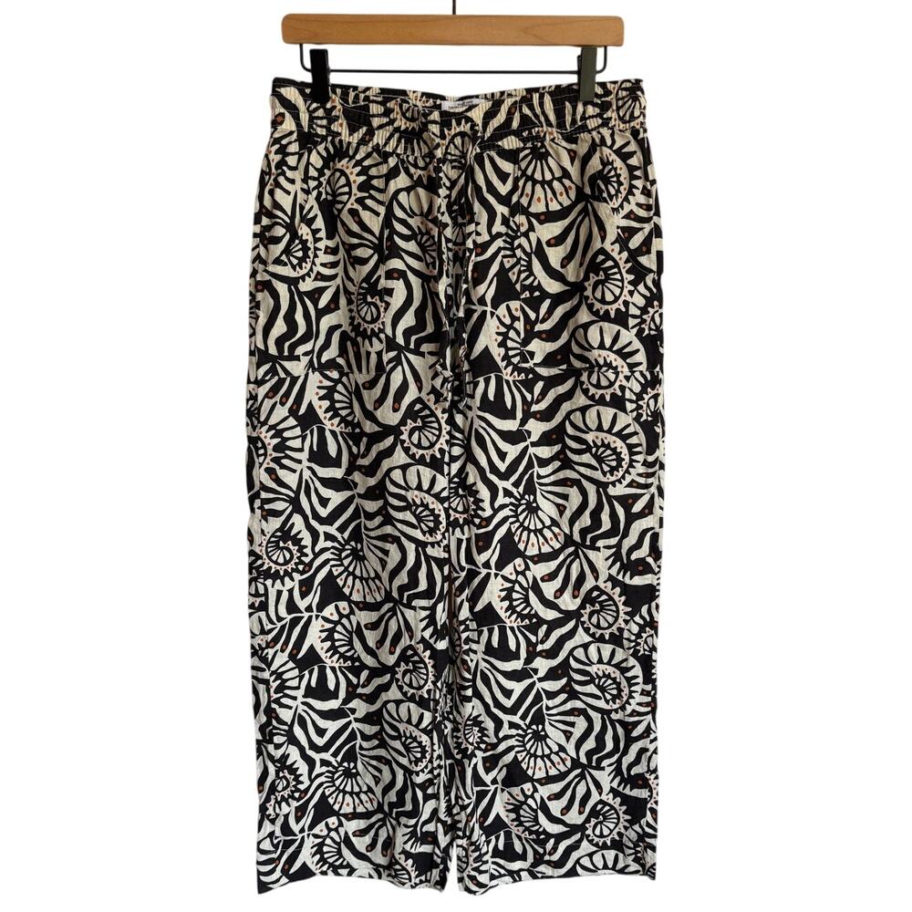Nicole Miller Linen Wide Leg Cropped Pull-On Pants Bold Print Natural Comfy sz L